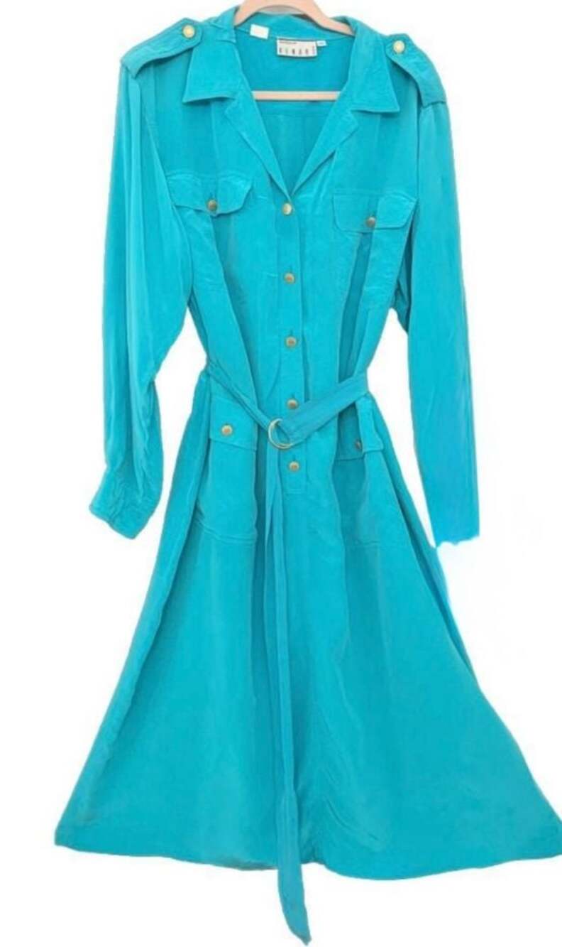 Ann Tjian for Kenar Vintage Teal 100% Silk Button-Front Belted Shirt Dress 18W